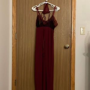 Maroon Venus floor length negligee with matching thong, size XL